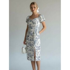 NEW Cider Blue‎ Toile Midi Dress Ruffle Cap Sleeve XS Cottagecore